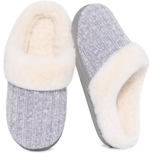 ⚡Women Grey Faux Fur Fleece Comfy Wool Like Warm Knit Chenille Slipper - Picture 1 of 7